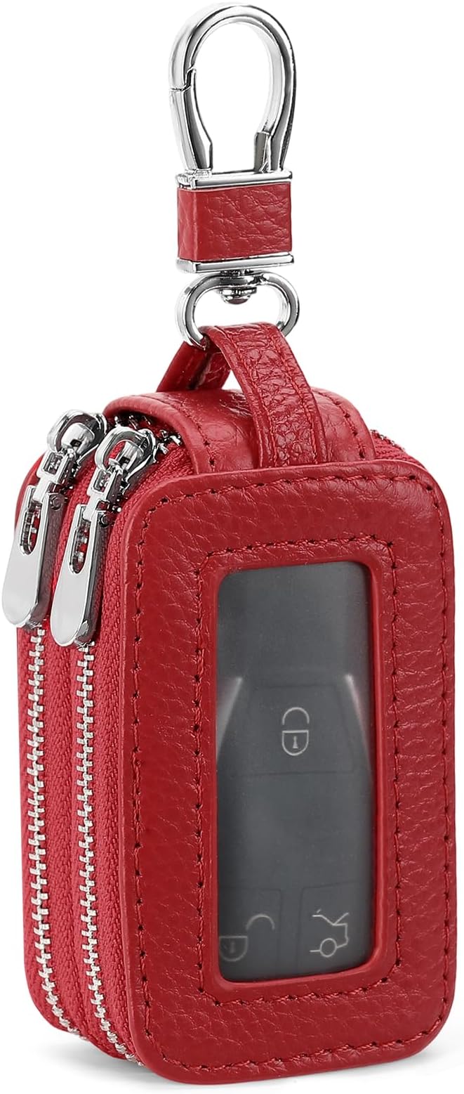 SENDEFN Car Key Fob Case Double Zipper Leather Smart Remote Keychain Protector Holder with Transparent Window