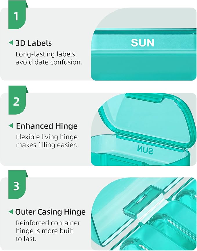 PULIV Weekly Pill Organizer with Large Capacity, Dual Protection Pill Box 7 Day, Arthritis Friendly Pill Case Easy to Open, Medicine Organizer for Vitamins, Medications, Fish Oils, Supplements (Cyan)