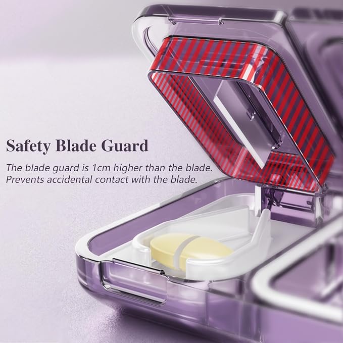 Pill Cutter Splitter for Small or Tiny Pills. 2-in-1 Travel Pill Box & Pill Splitter - Large Capacity 4 Compartments Pill Organizer - Detachable Nonslip V-Shaped Pad. Wrap-Around Blade Guard (Purple)