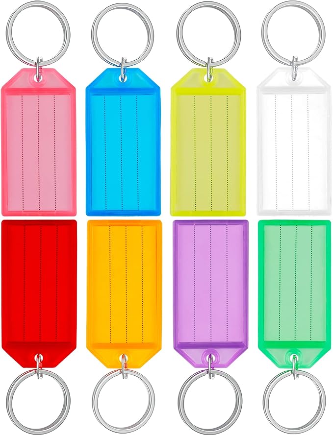 Uniclife 10 Pieces Key Tags 2 Inch Plastic Key Chain Tags with Ruled Blank Paper Labels Transparent Covers and Split Rings Sturdy Item Identifiers, 8 Colors | Tough plastic key tags with writable blank paper labels and clear covers keep labels protecte...