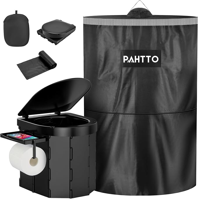 Portable Camping Toilet, Foldable Toilet for Adults with Detachable Phone Shelf and Toilet Paper Holder, Waterproof Porta Potty with Lid for Camping, Hiking, RV Travel, Road Trips