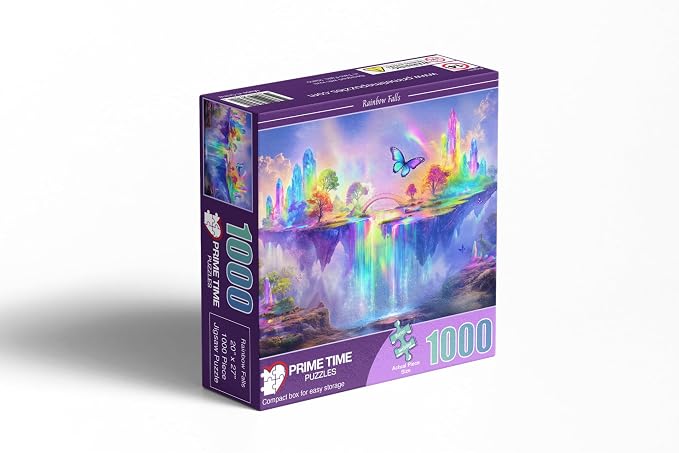 Adult Jigsaw Puzzle Fantasy Butterfly Rainbow | 1000-piece challenging puzzle of a magical crystal waterfall landscape - Suitable for a table, puzzleboard, or floor.