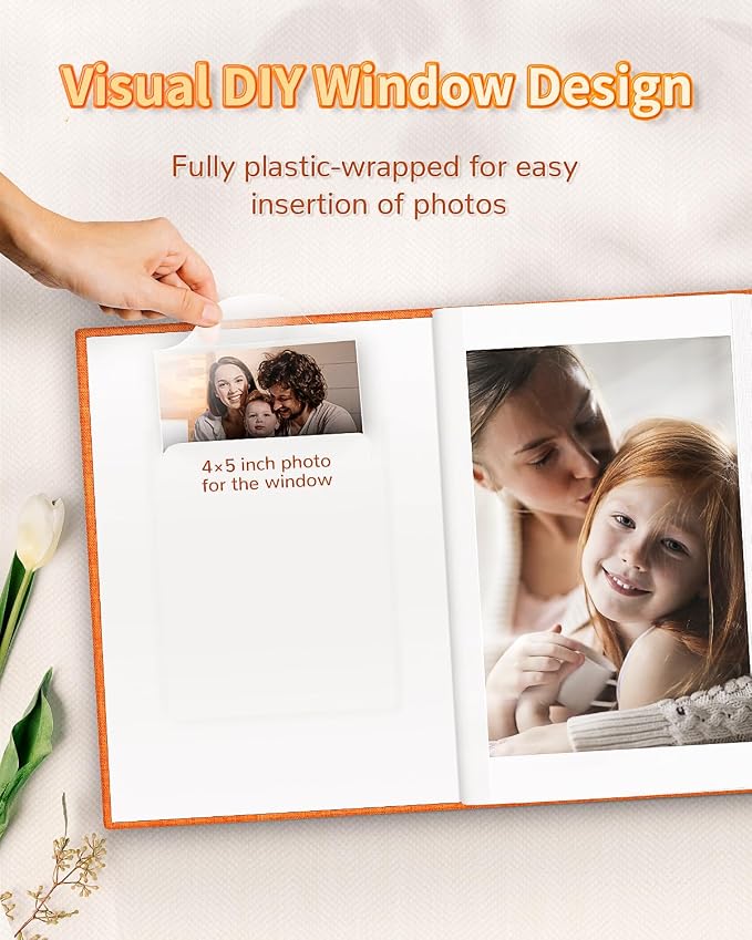 Artfeel Photo Album 4x6 with 100 Pockets,Slip-in Picture Albums,Linen Cover Memory Book with Front Window,White Page Vertical Photo Book for Wedding,Family,Anniversare,Baby,Vacation