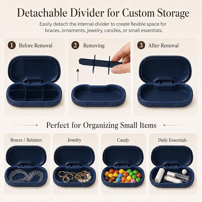 HyJeryty 6-Compartment Pill Organizer - Small Compact Travel Pill Case for Vitamins, Medication and Supplements - Portable Blue Medicine Pill Box with Stylish Design