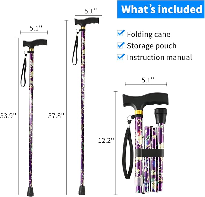 Walking Cane LIXIANG Cane for Man/Woman | Mobility & Daily Living Aids | 5-Level Height Adjustable Walking Stick | Comfortable Plastic T-Handle Portable Walking Stick Folding Cane