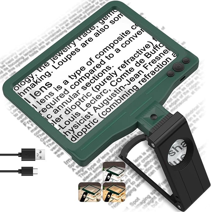 30X 6X Rechargeable Magnifying Glass for Reading, Large Full Page Magnifier with Folding Stand, 3 Color Light Modes, Dimmable LED Lighted, Hands Free Book Magnifier for Low Vision Seniors, Green-Black