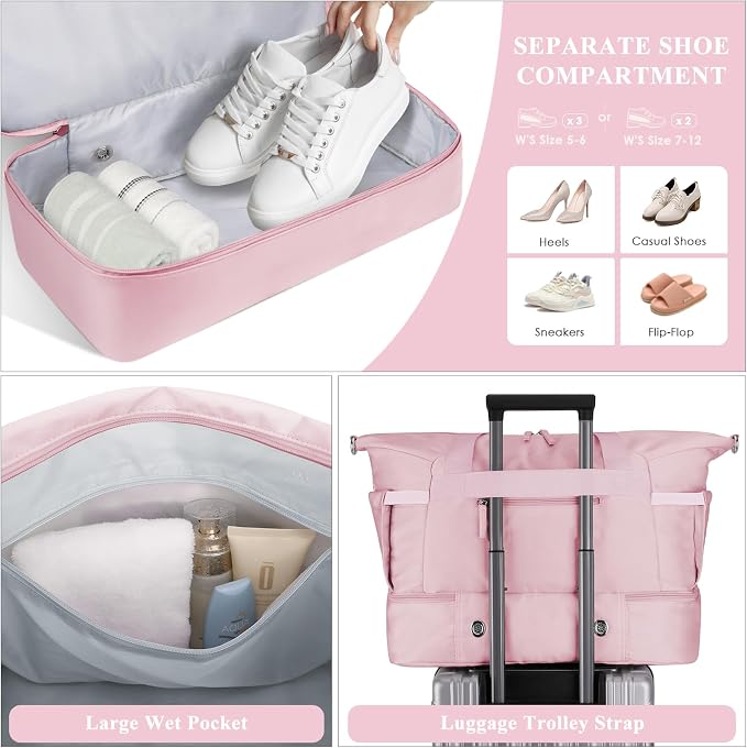 Gym Bag for Women, 45L Carry On Travel Duffel Bag with Shoes Compartment, Weekender Overnight Bag with Wet Pocket for Women, Travel, Gym, Weekend, Large Size
