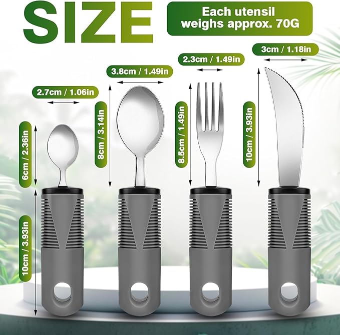 Adaptive Utensils 4 Piece Set Weighted Utensils for Hand Tremors Easy Grip Parkinsons Utensils Extra Wide Handles Built up Utensils for Adults with Knife Fork Spoon for Disabled Arthritis People（Grey）