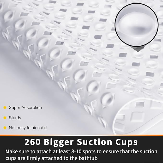 Yimobra Non Slip Bath Mat, Super Strong Suction Cups,34.5"x15.5"Long Tub Mat with Drain Holes, Machine Washable Fast Draining Shower Mats, Bathroom Essentials,White