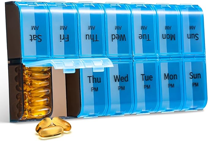 Extra Large Pill Organizer 2 Times a Day, Weekly XL AM PM Pill Case, 7 Day Pill Box Twice a Day, Oversized Daily Medicine Organizer for Vitamins (Blue)
