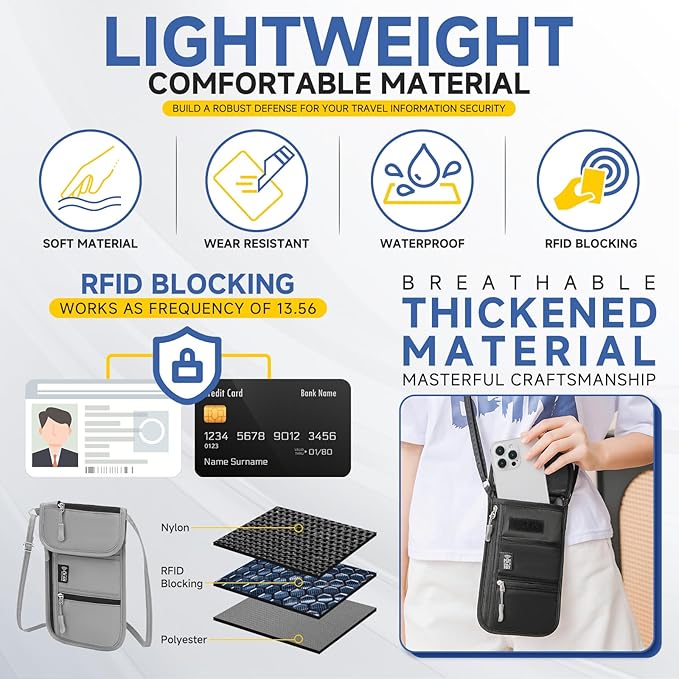 RFID Blocking Passport Holder for Travel Neck Wallet with Adjustable Lanyard 6 Compartments Pouches Passport Wallet for Family (Navy Blue)