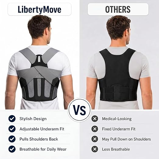 Posture Corrector for Men, Adjustable Upper Back Brace with Breathable Mesh Back, 4 Flexible Support Stays & Underarm Fit Adjustment, Back Straightener Helps Reduce Slouching Strain for Desk Work, Sitting, Reading & Posture Training