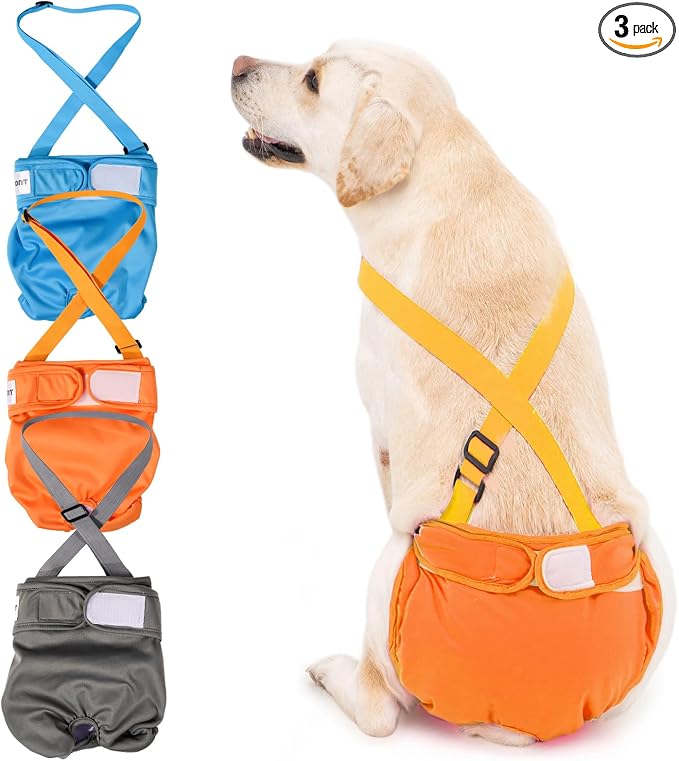 Avont 3 Pack Washable Female Dog Diaper with Suspender - M | Reusable Girl Doggie Diapers for Small Medium Large Dog in Heat Cycle Period Incontinence (Blue/Orange/Grey)