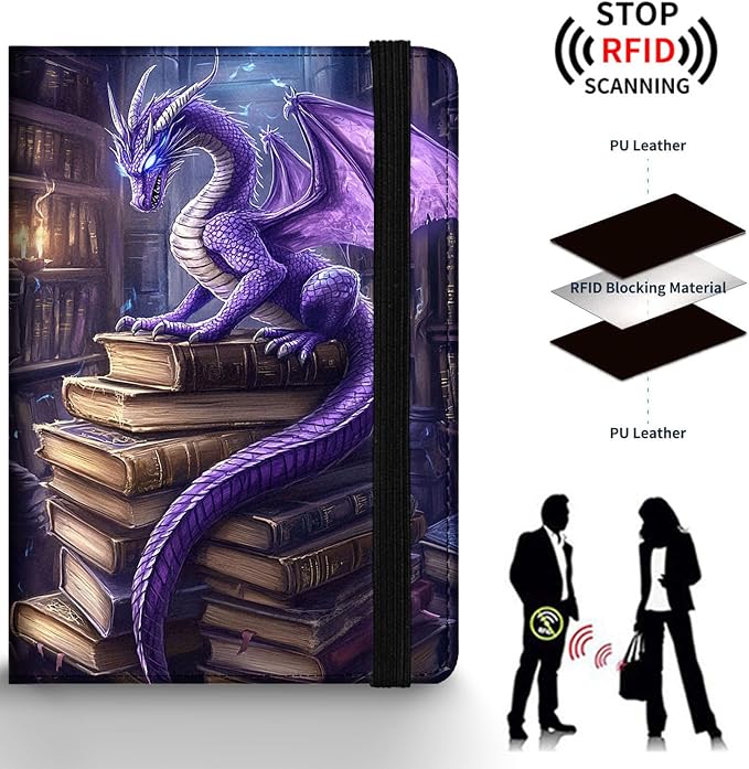 Passport Holder Wallet Cover Case,RFID Blocking Passport Cover,Large Capacity Travel Wallet with Multi Card Slots (Purple Dragon Reading Book)