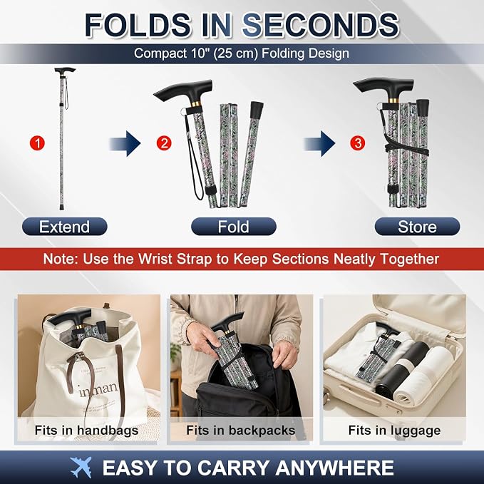 supregear Folding Cane, 5-Level Adjustable Height Walking Stick Lightweight Collapsible Portable Travel Cane with Wrist Strap and T Handle for Elderly Disabled Men Women