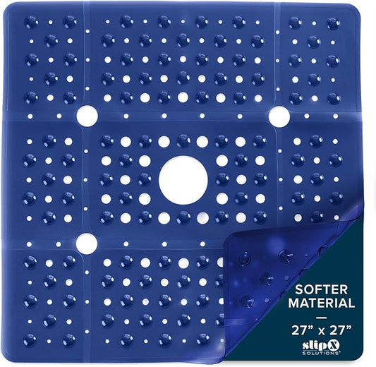 SlipX Solutions 27" Oversize Square Shower Mat, Non-Slip Mat for Elderly & Kids, 100+ Power Grip Suction Cups for Smooth Surfaces, Machine Washable, Navy