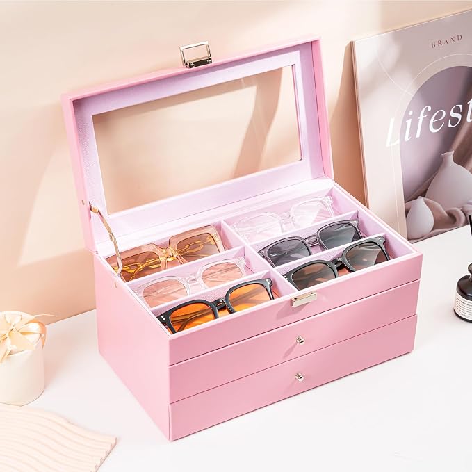 ProCase 3-layer Sunglasses Storage Organizer, 18 Slots Leather Sunglass Box Multiple Pairs Eyeglass Cases Eye Glass Eyewear Display Holder for Men Women -Pink