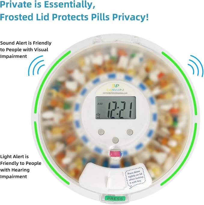 EziMedPil 28-Day Locked Automatic Pill Dispenser with Frosted Privacy Lid | Sound-Light Reminder, 6 Daily Alarms & Dosage Rings, LCD Display & Built-in Magnifier for Dementia & Chronic Disease Seniors