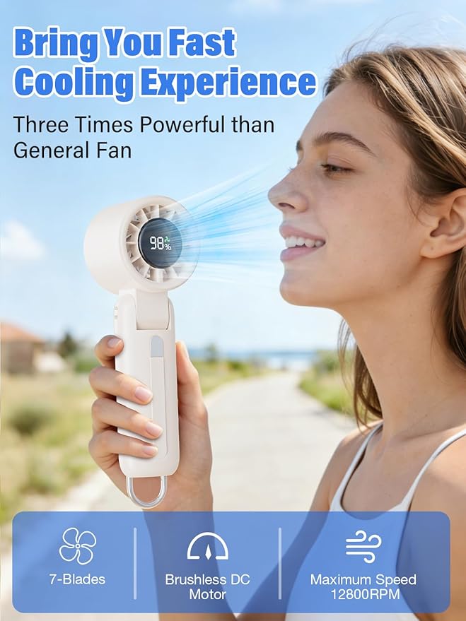 AI Handheld Fan Turbo, 100-Speed Portable Fan Rechargeable, Mini Fan with 12800 RPM Strong Airflow, Foldable 4-in-1 Personal Fan for Travel, Camping, Beach & Office, USB-C & Lightweight & Quiet