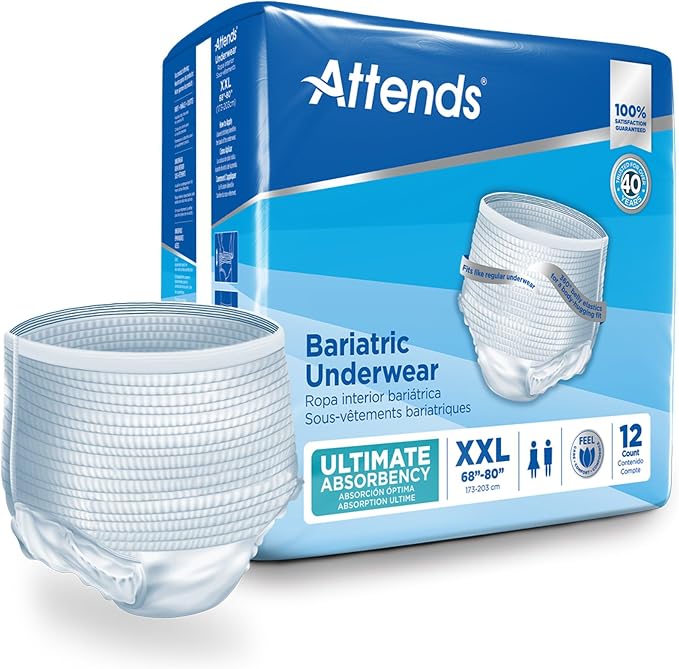 Attends Bariatric Adult Incontinence Underwear, 2X-Large (68–80”), [48 Count] – Ultimate Absorbency for Men and Women, Disposable Pull-On Diapers with Tear-Away Sides, AU50