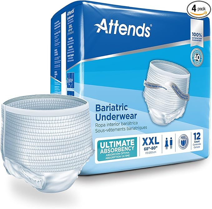 Attends Bariatric Adult Incontinence Underwear, 2X-Large (68–80”), [48 Count] – Ultimate Absorbency for Men and Women, Disposable Pull-On Diapers with Tear-Away Sides, AU50