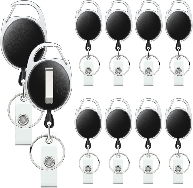 Uniclife 10 Pack Retractable Badge Reel for Badge Holder Heavy Duty Retractable Keychain Strong ABS Casing with Stainless Steel Spring Coil 24 Inch Nylon Rope Carabiner Clip and Key Ring