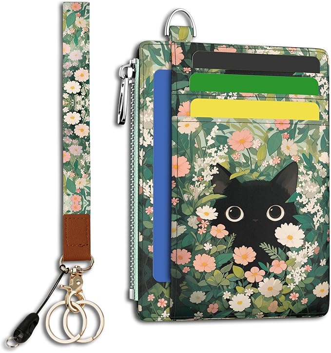 Hancynir Black Cat Floral Wallet Women Credit Card Holder, Wristlet RFID | Cute Keychain Lanyard Wallet, Travel Zipper Coin Pocket, Ladies Gifts Women, Minimalist Card Case, 6 Card Slots, PU Leather
