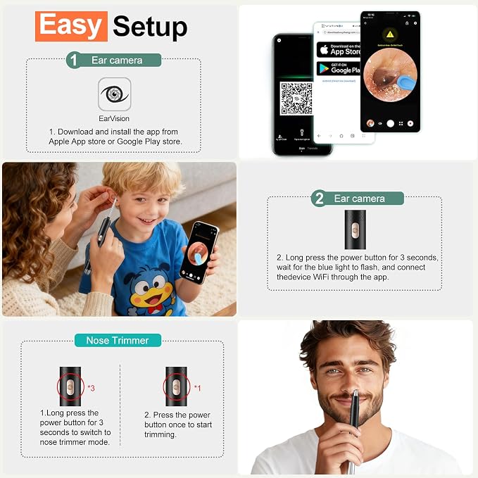 2-in-1 Visual Ear Wax Removal & Nose Hair Trimmer, 1296P HD Ear Cleaner with AI Eardrum Alert, Smart Anti-Pinch, 360° Rounded Blades, IP67 Waterproof, APP Visual Camera for Men, Women & Family Use