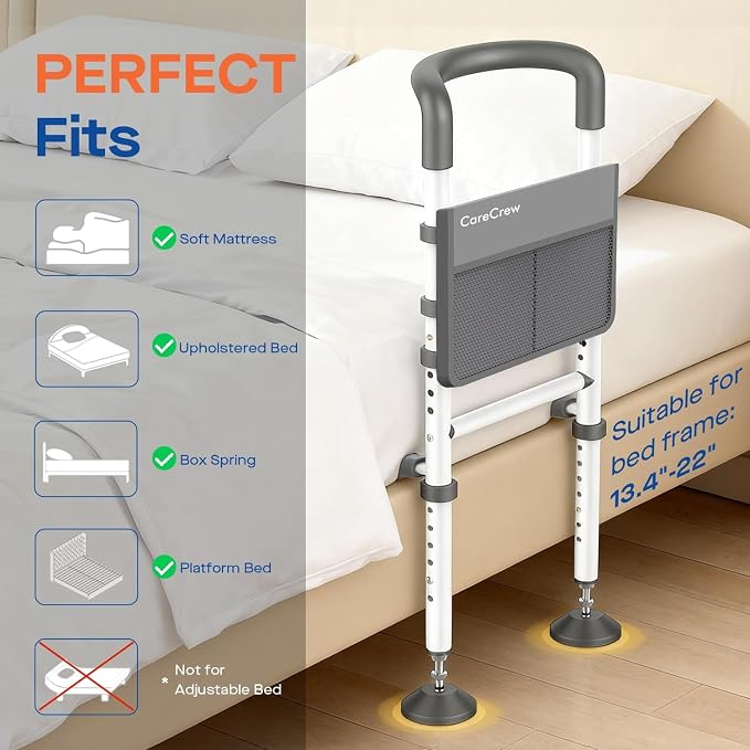 Bed Rails for Elderly Adults Safety: Bed Rails for Seniors with Motion Lights & Storage Pouch, Adjustable Bedside Grab Bar, Bed Cane with Strong Support Leg