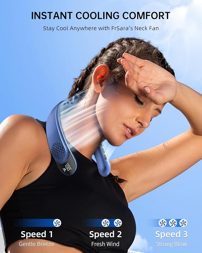 FrSara Portable Neck Fan Rechargeable, Neck Fans that Blow Cold Air, Personal Neck Cooler with 4000mAh, LED Display, 3 Speeds, USB TYPE-C, Ideal Gift for Women, Travel, Men, Sports, Denim
