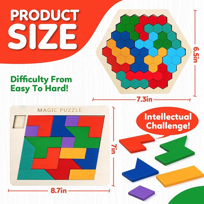 Wooden Brain Teaser Puzzles,Montessori Tangrams Pattern Blocks Logic Board Geometric Shapes Jigsaw Puzzle Games for Kids Ages 3-5,4-6(3Pack)
