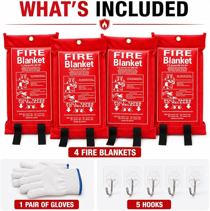 4 Pack,40"x40",Emergency Fiberglass Fire Blanket,Fire Suppression,Hooks | Easy Pull Tabs,No Mess After Use,No Expiration,Quick Emergency Response,Compact,Reusable,Kitchen,Grill,Camping,RV,Home,Garage