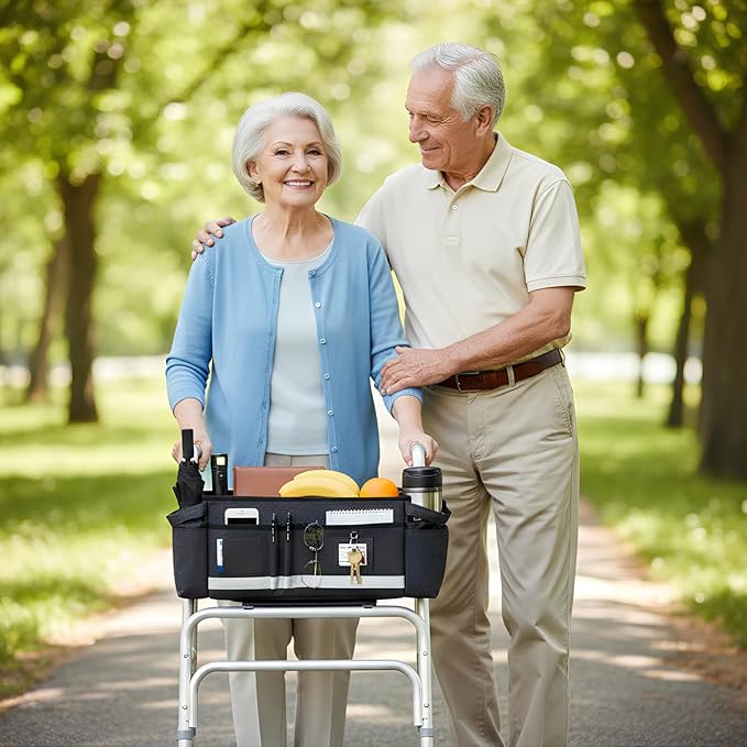 AMEDELE Walker Basket for Seniors With Cup Holder, Foldable Walker Bag with Large Capacity,Walker Accessories for Folding Walker-Not Fit for Rollator (Black)
