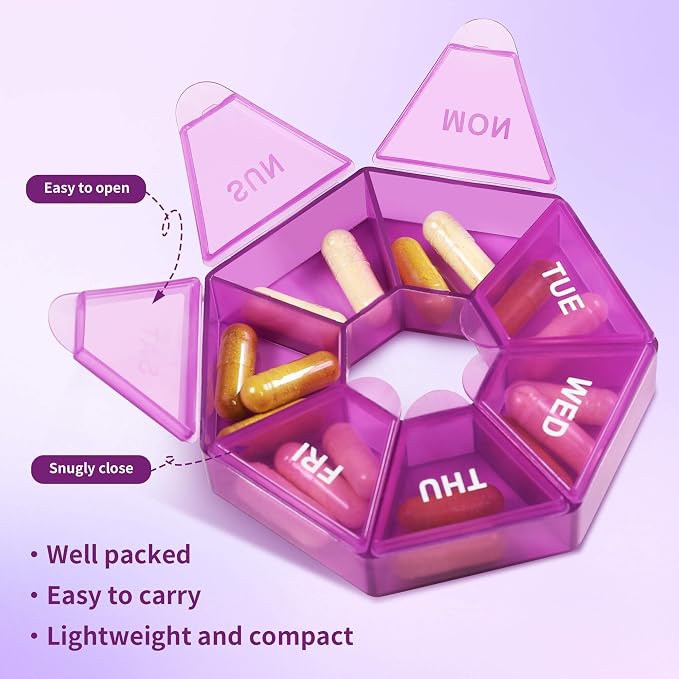 6 Count Heptagon Weekly Pill Organizers – 7-Day Pill Boxes with Mon–Sun Labels, 3.27" Portable Vitamin Case, Secure Snap Lids, 9 Color Sets for Travel & Daily Storage