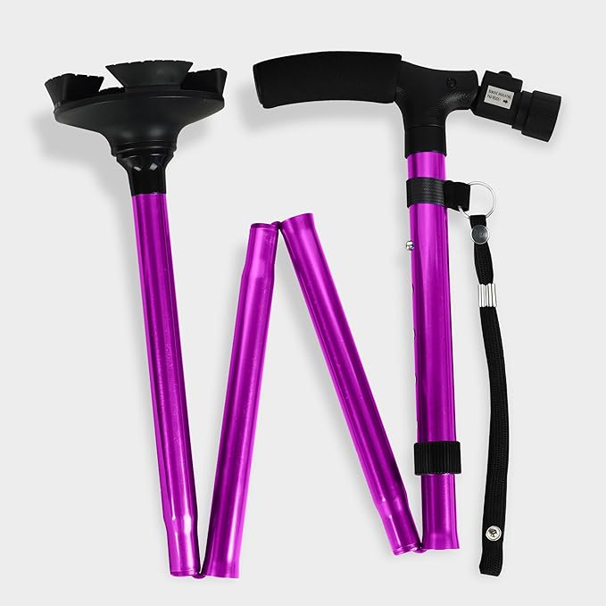Folding Cane with Led Light, Adjustable Canes for Men and Women, Walking Stick for Elderly with Cushion Handle and Pivoting Quad Base for Hiking Mountain Climbing Backpacker…