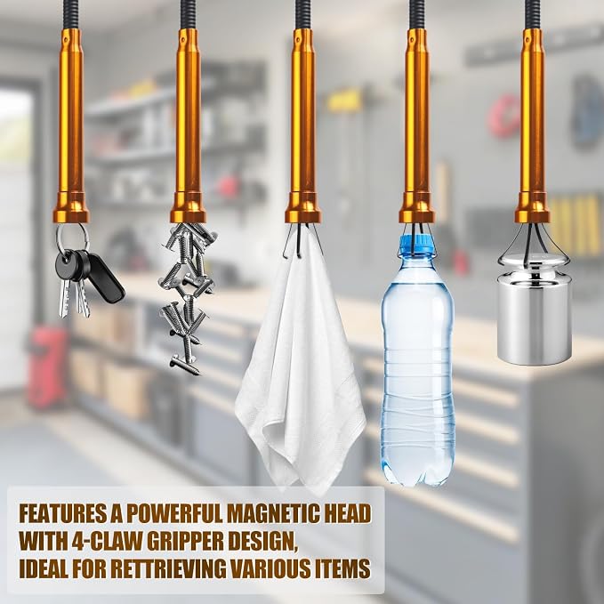 Flexible Grabber Tool, Magnetic 4-Claw Gripper (24", Orange) | Mechanic Pickup Tool with Spring-Loaded Handle; for Automotive, Engine Bay, Bathroom, Kitchen, Sewers, Drain, Small Spaces