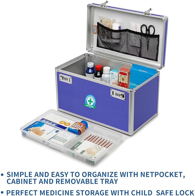 Large Capacity Combination Locking Medicine Box with Portable Storage Case，15''x 8.7''x 9.3'', Childproof Medication Lock Organizer， Lockbox for Secure Cash, ID Documents (BLUE)
