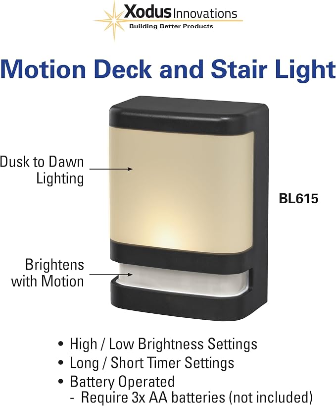 Xodus Battery Operated LED Deck & Stair Light, Motion Sensor, Black, 3 Pack | Illuminates steps for safer nighttime footing, motion-activated, weatherproof, indoor or outdoor use, low glow mode, timer