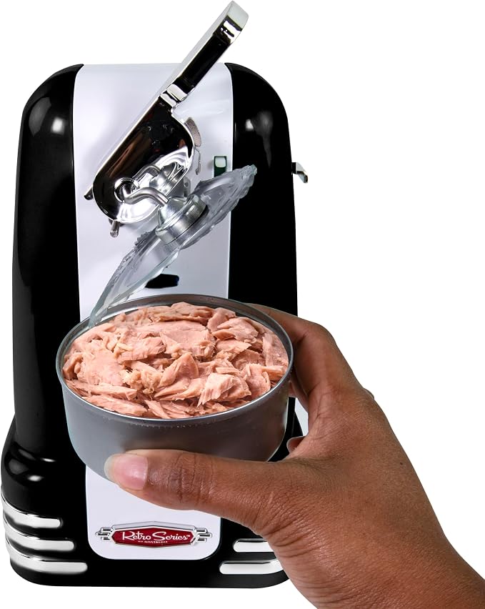 Nostalgia Retro Electric Can Opener for Kitchen with Magnetic Lid Remover, Knife Sharpener, and Soda or Beer Bottle Opener, Black