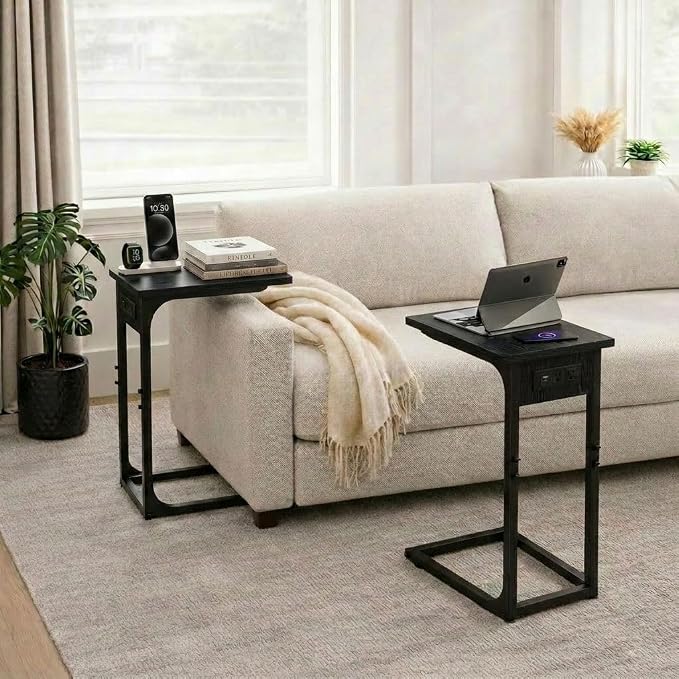 TEMI C Shaped End Table for Couch with Charging Station, Small Side Table TV Tray for Eating or Laptop, Accent Desk for Sofa or Chair, Space Saving Living Room Bedroom, Black