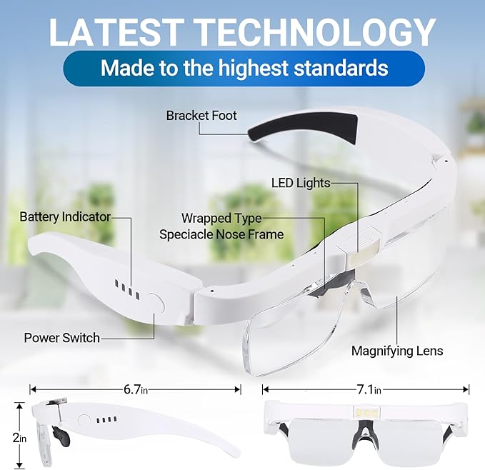 YOCTOSUN Headband Magnifier with 3 LED Lights, Storage Case, Head Strap and 5 Detachable Lenses 0.75X,1.25X,2.0X,3.0X 4.0X, Magnifying Headset for Close Work, Hobby & Crafts