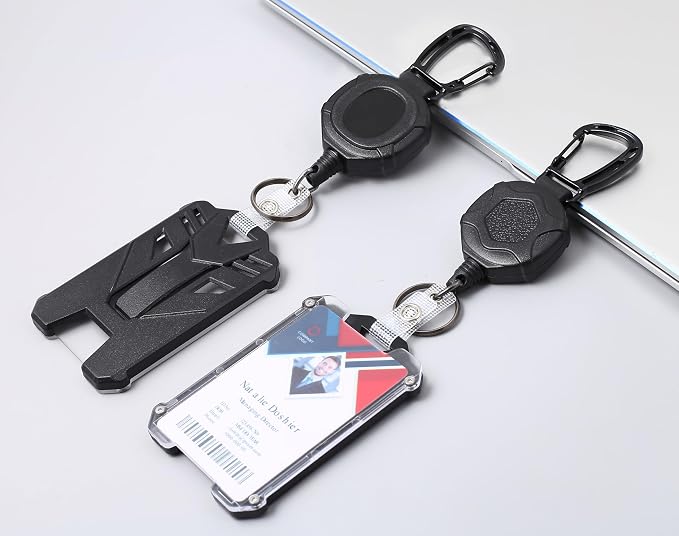 Badge Holder Retractable Clip Heavy Duty Carabiner Badge Reel Keychain with Id Cards Holder Cool Tactical ID Holder (2 Holders and 2 Badge Reels Black # 03)