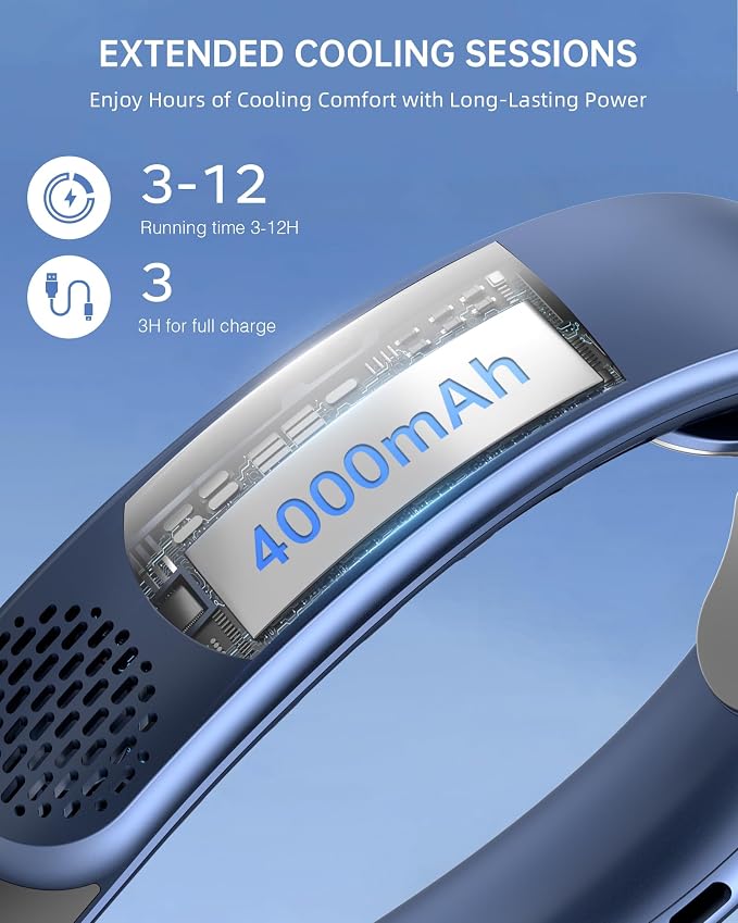 FrSara Portable Neck Fan Rechargeable, Neck Fans that Blow Cold Air, Personal Neck Cooler with 4000mAh, LED Display, 3 Speeds, USB TYPE-C, Ideal Gift for Women, Travel, Men, Sports, Denim