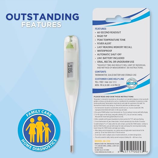 Digital Thermometer | 60-Second Readout | Fahrenheit Measurements | Rigid Tip | Fever Alert | One-Year Warranty | Waterproof Rigid Tip for Oral, Rectal & Underarm Use, Fever Alert at 100.0°F, Memory Recall, Storage Case