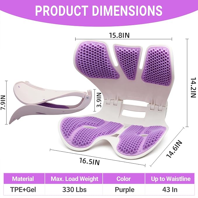 Ergonomic Gel Back Support for Office Chair - Folding Lumbar Support Posture Corrector,Portable Chair Back Rest Support for Floor Seat, Perfect for Home, Work, Vehicle,Purple