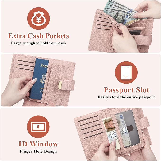 Pink Passport Holder with Airtag RFID Blocking Travel Wallet for Women, Leather Passport Wallet with Airtag Slot Slim Compact Passport Cover with Zipper Coin Pocket, Holder Card, SIM, Cash