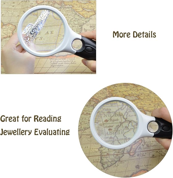 Magnifier 3 LED Light Handheld 3X 45X Glass Magnifier for Reading Jewelry | Portable, with bright white bulbs,for seniors, hobbyists, and repair workers, lightweight non-slip grip, daily tasks