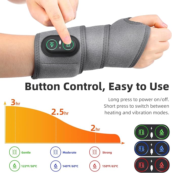 Cordless Wrist Heating Pad for Pain Relief, Wrist Massager for Carpal Tunnel, Heated Wrist Wrap Brace for Arthritis, Red Light Therapy Wrist Brace with 3000mAh Rechargeable, Gray