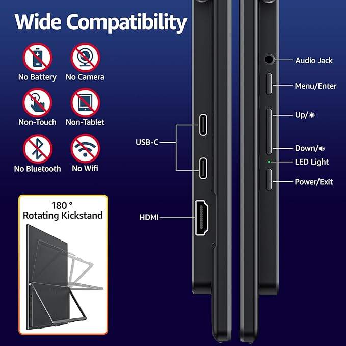VisionOwl Large Portable Monitor 23.8-Inch 2K QHD 180Hz Refresh Rate Laptop Monitor, 130% sRGB, IPS Panel, USB-C & HDMI for Laptop, PC, Mac, PS5, Xbox, Built-in Kickstand, Speakers, VESA Mountable