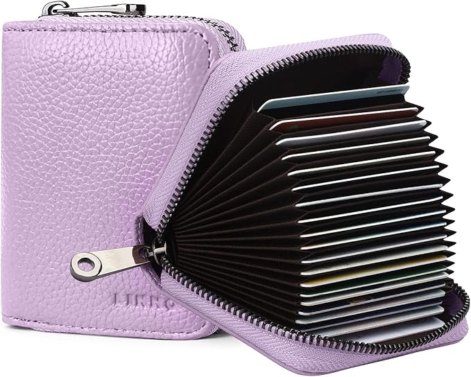 Linno RFID 20 Slots Credit Card Holder Genuine Leather Small Wallet for Women or Men with Zipper